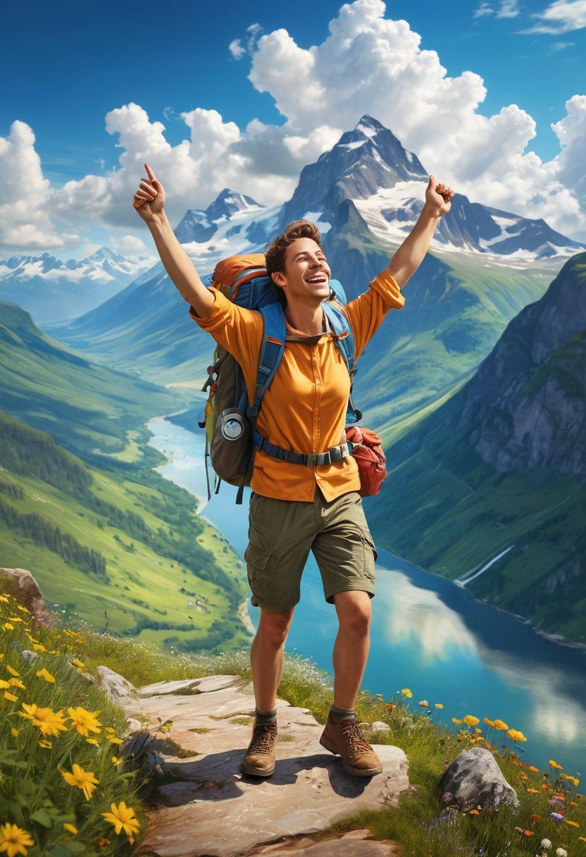 A serene landscape featuring a joyful traveler with a backpack, standing on a sunlit mountain peak, arms stretched towards a bright blue sky. In the background, scenic views of lush valleys and winding rivers, dotted with colorful flowers and adventurous icons like a compass and a map floating gently in the air. The scene exudes happiness and exploration. super-realistic. vibrant colors. white background.