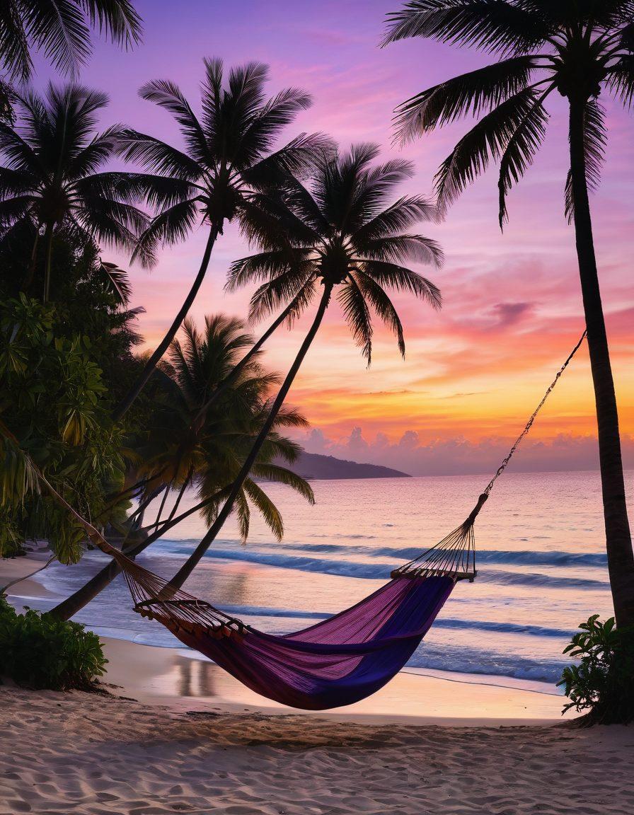 A serene landscape blending leisure and adventure, featuring a tranquil beach with inviting hammocks and vibrant tropical plants on one side, transitioning into an exciting cityscape with iconic landmarks and bustling streets on the other. Include a sunset sky with warm hues blending into twilight. The scene conveys the perfect balance of relaxation and thrill. vibrant colors. super-realistic.