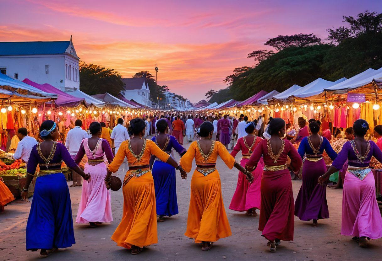 A serene landscape featuring diverse cultural experiences from around the world: a colorful street market, a traditional dance performance, and a picturesque dream destination like a tropical beach at sunset. Include people of different backgrounds joyfully engaging in these experiences, with elements of happiness such as smiles and laughter. Make the scenery vibrant and inviting, showcasing the beauty of cultural diversity. vibrant colors. super-realistic.